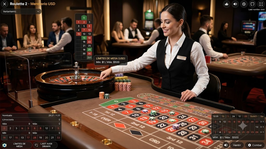 Mesa de ruleta en vivo con crupier y límites visibles en USD